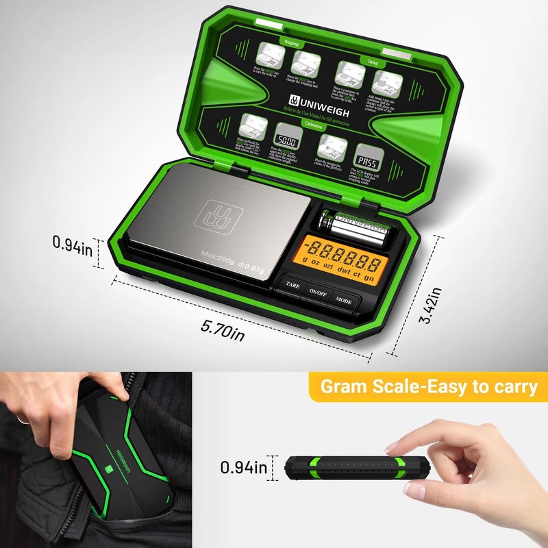 UNIWEIGH Digital Pocket Scale 200g/0.01g, Digital Scale Grams, Jewelry Scale,Coins Scale with 50g Cal Weights for Powder,Small Items,Tea,Jewelry,Coins (Battery Included)-Fluorescent Green - Image 5